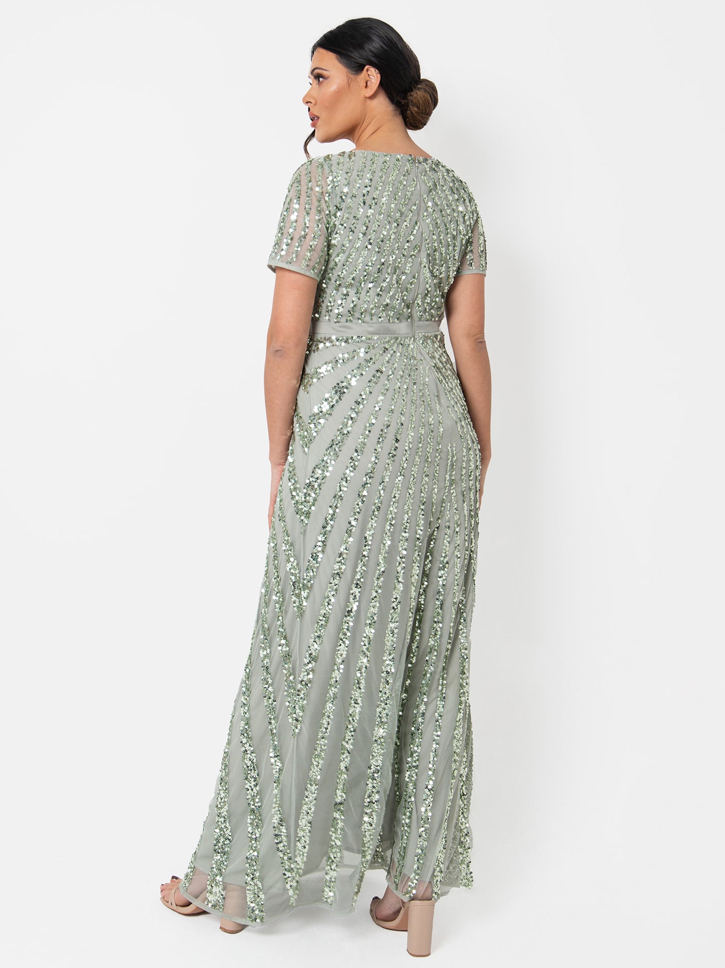 Maya Sage Green Short Sleeve Stripe Embellished Maxi Dress