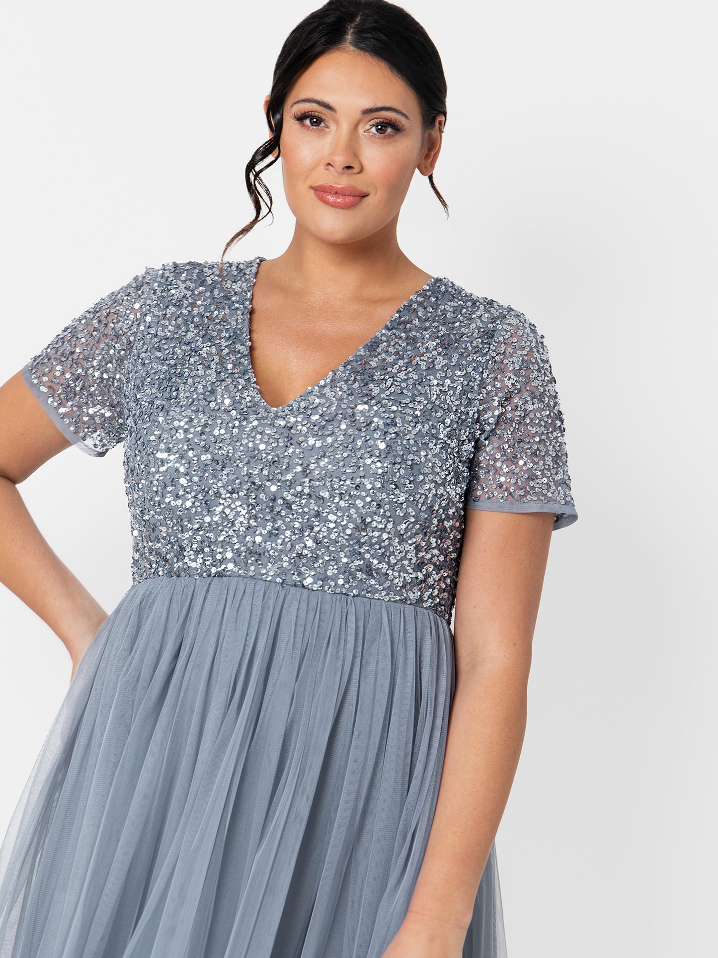 Maya Dusty Blue V Neckline Embellished Midi Dress