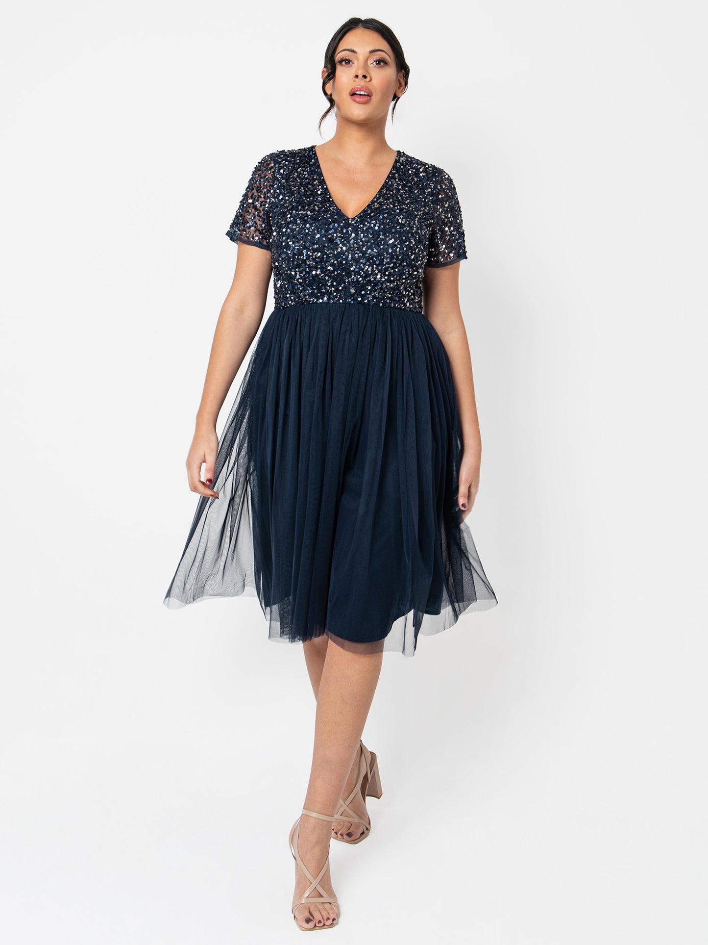 Maya Navy V Neckline Embellished Midi Dress