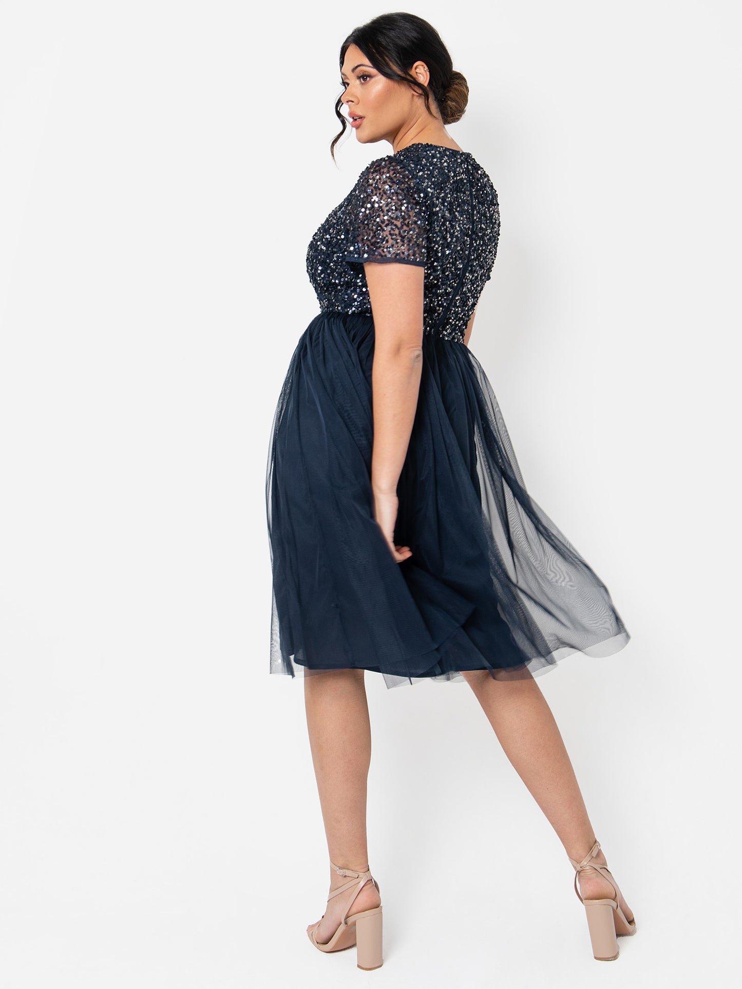 Maya Navy V Neckline Embellished Midi Dress