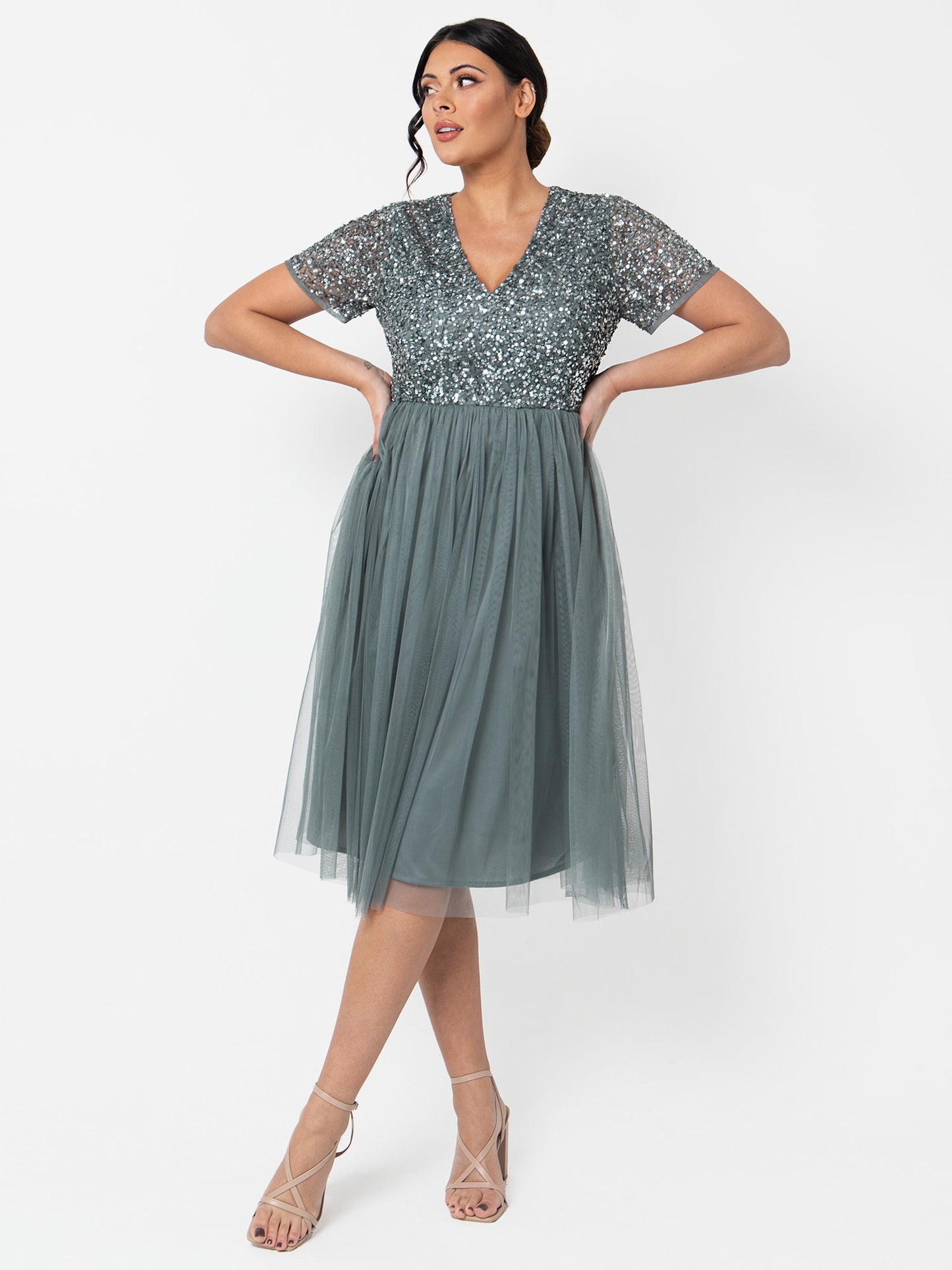 Maya Misty Green V Neckline Embellished Midi Dress