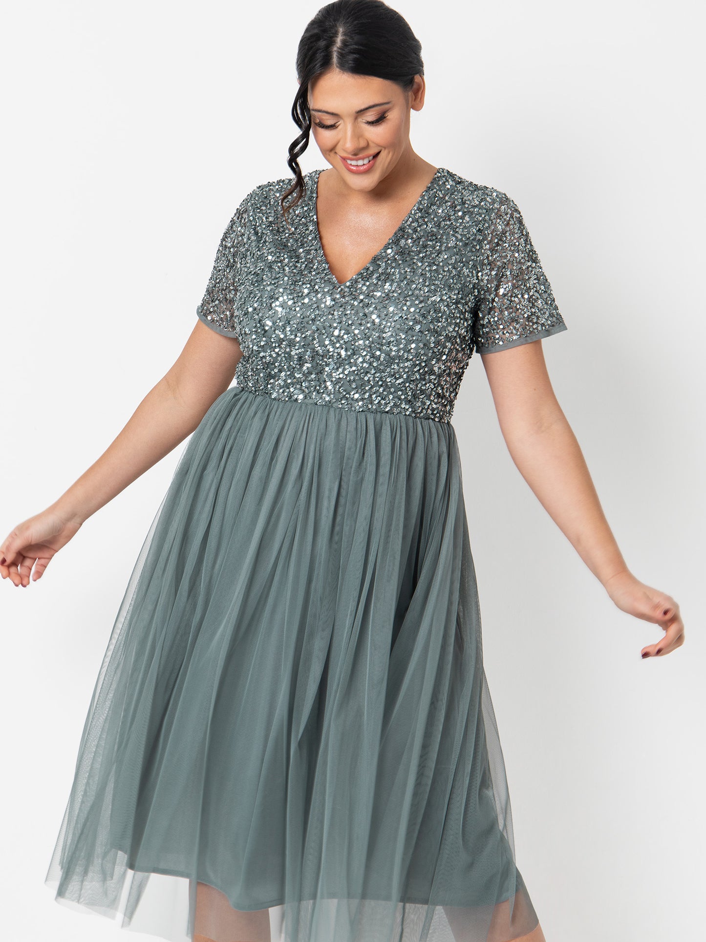 Maya Misty Green V Neckline Embellished Midi Dress