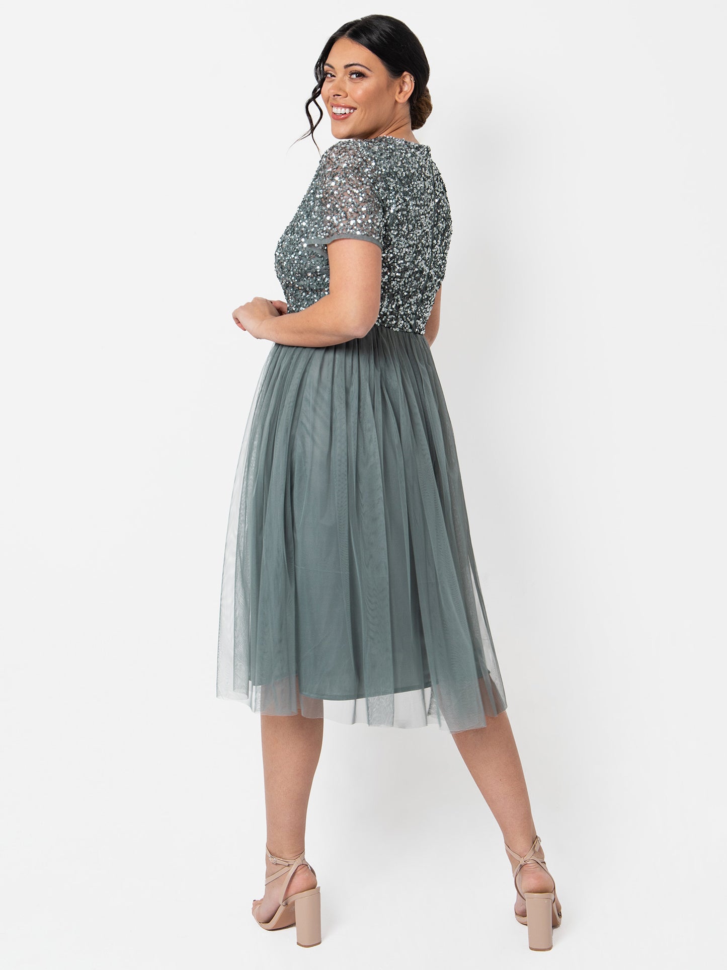 Maya Misty Green V Neckline Embellished Midi Dress