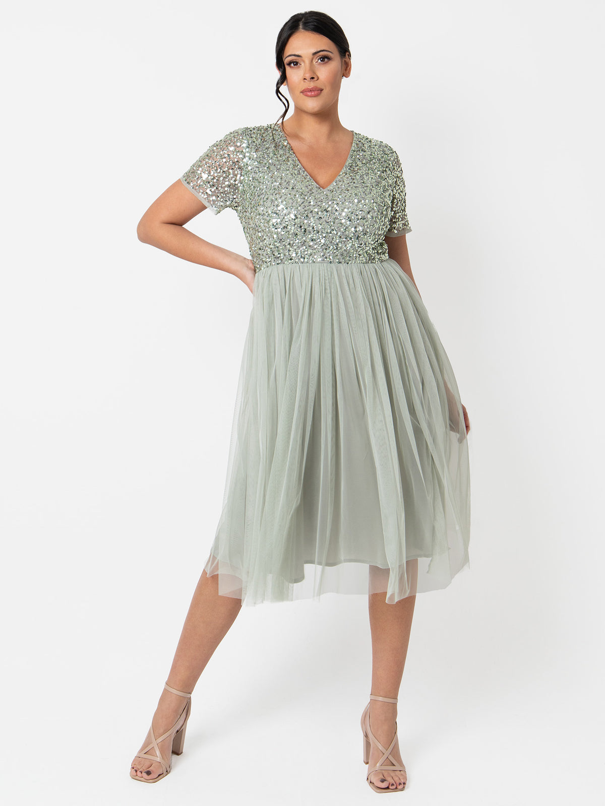 maya curve bridesmaid dresses Sage Green V Neckline Embellished Midi Dress – Maya Deluxe uzun kollu dantelli gelinlik oversized flutter sleeves Ball Gown Mermaid Trumpet Width:D (Medium)