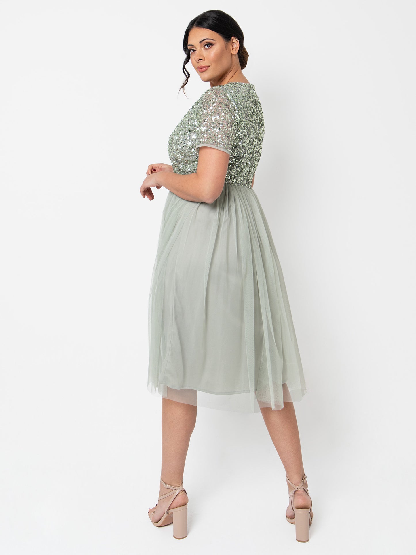 Maya Sage Green V Neckline Embellished Midi Dress