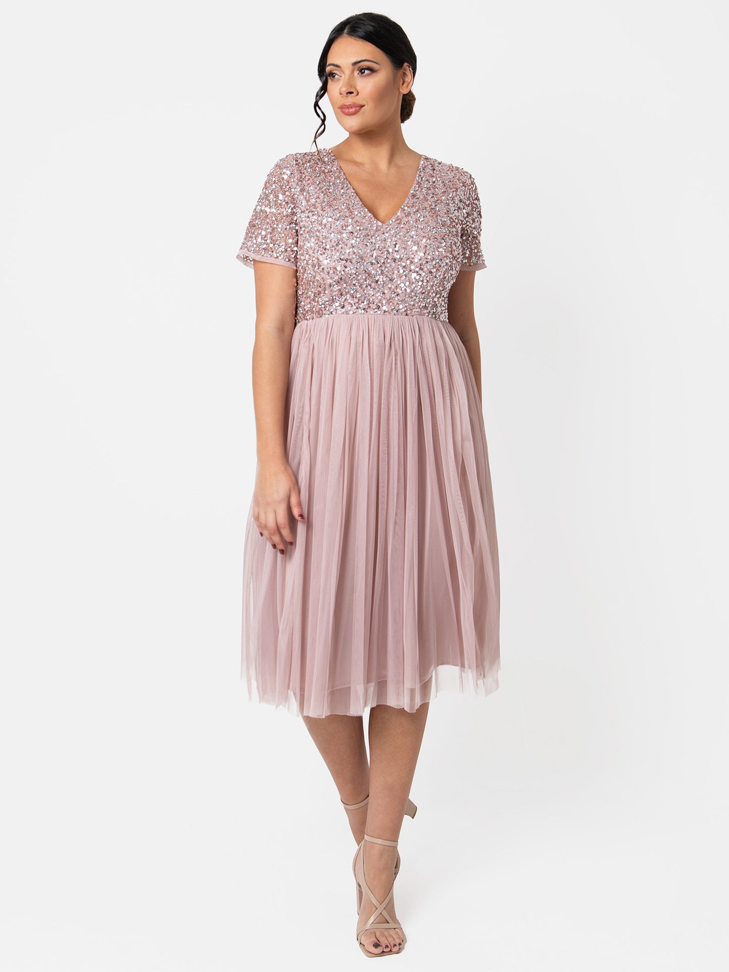 Maya Frosted Pink V Neckline Embellished Midi Dress