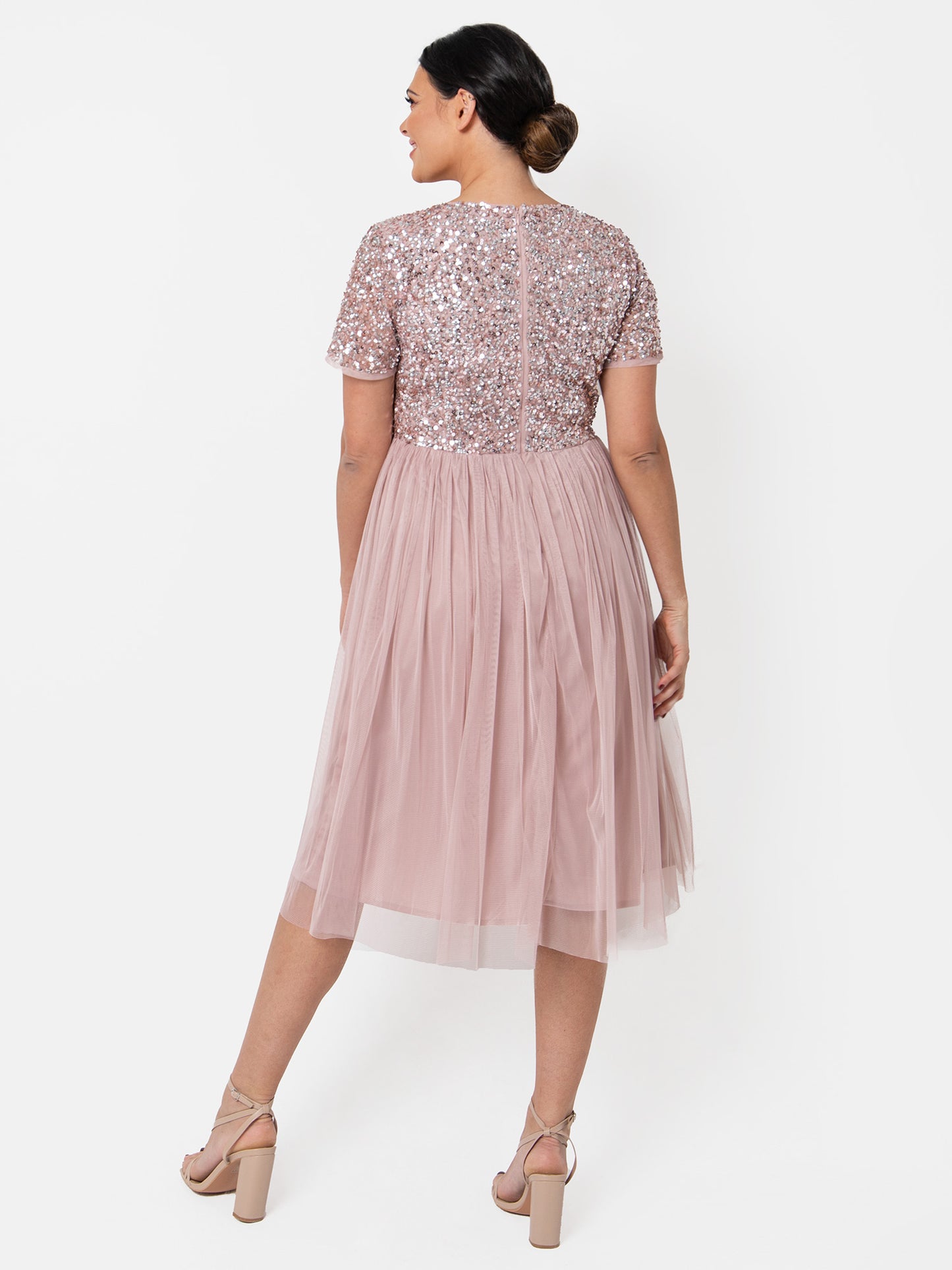 Maya Frosted Pink V Neckline Embellished Midi Dress