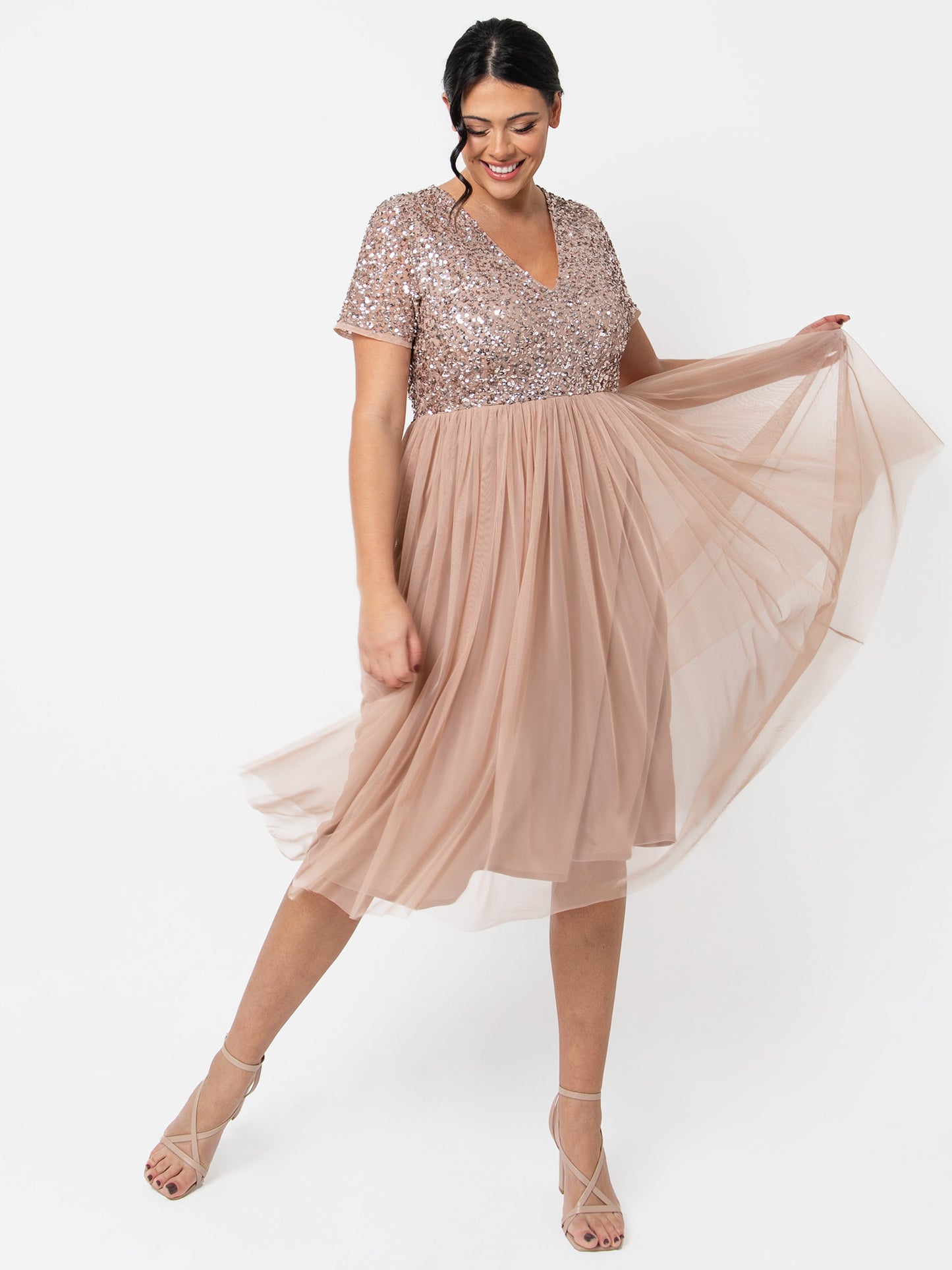 Maya Taupe Blush V Neckline Embellished Midi Dress