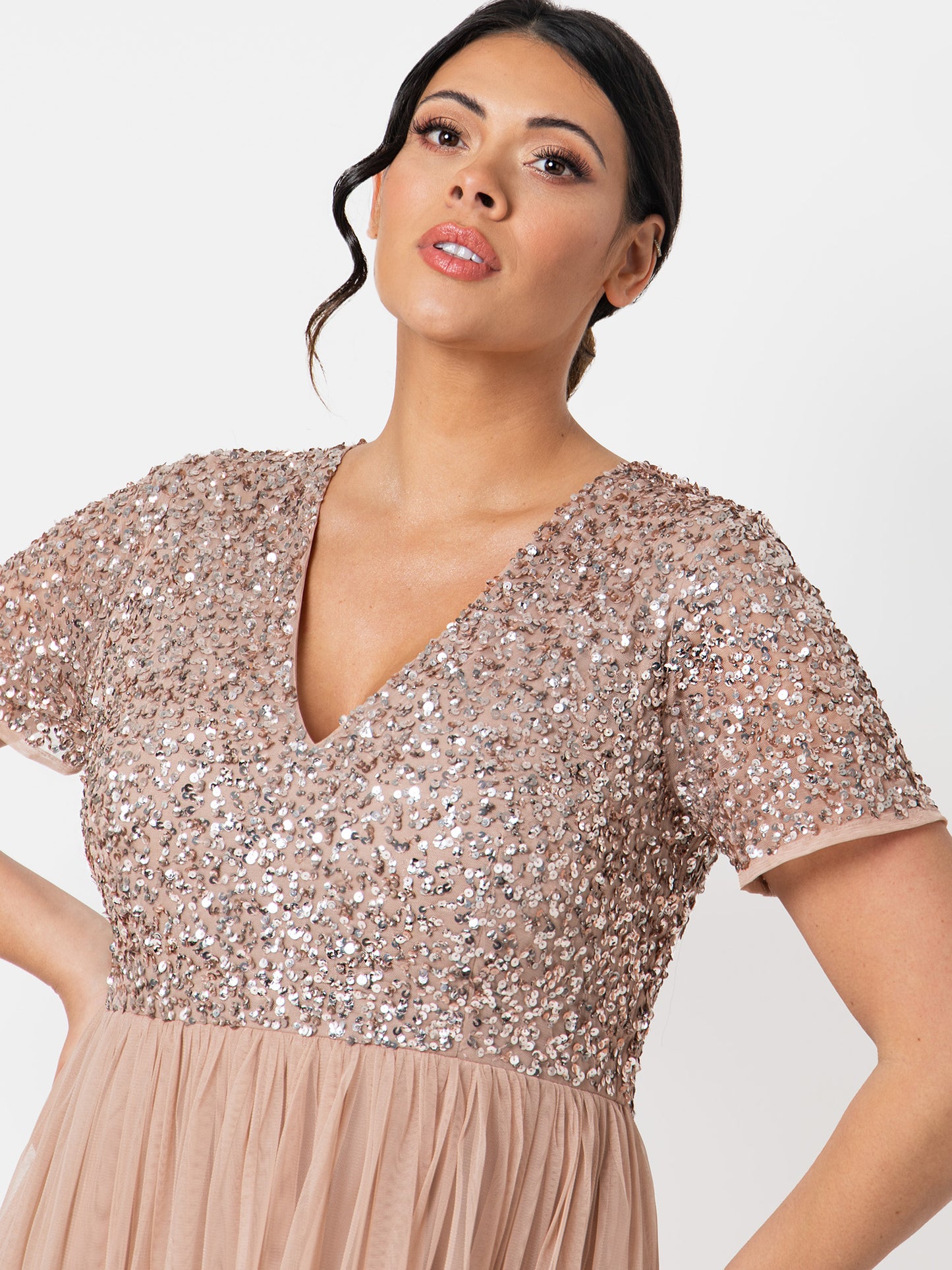 Maya Taupe Blush V Neckline Embellished Midi Dress