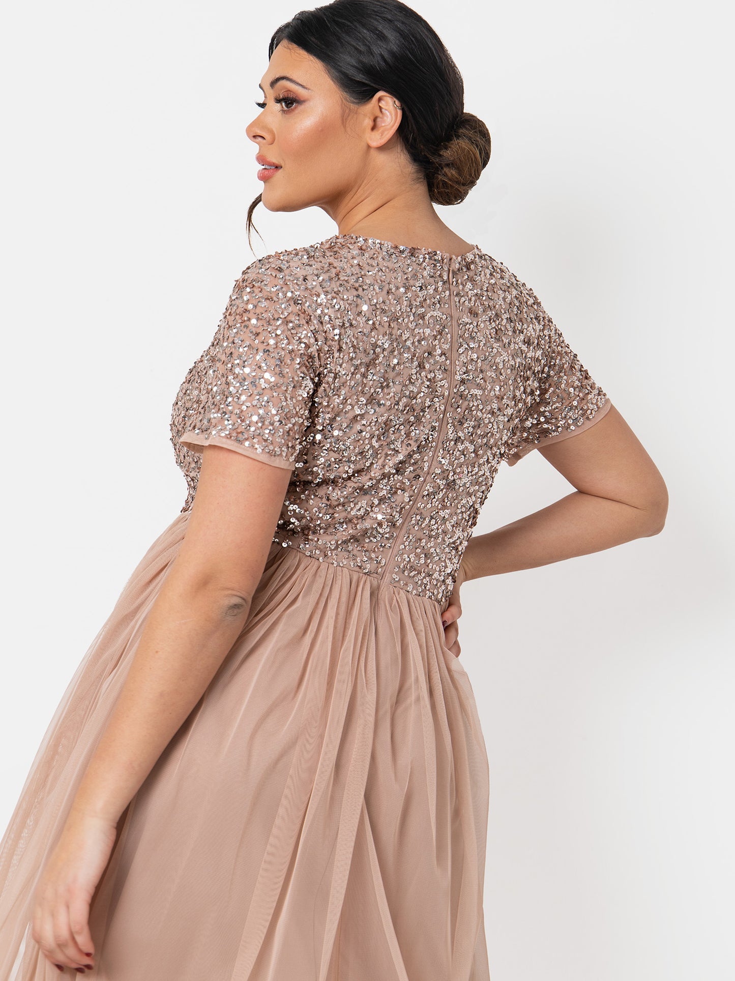Maya Taupe Blush V Neckline Embellished Midi Dress