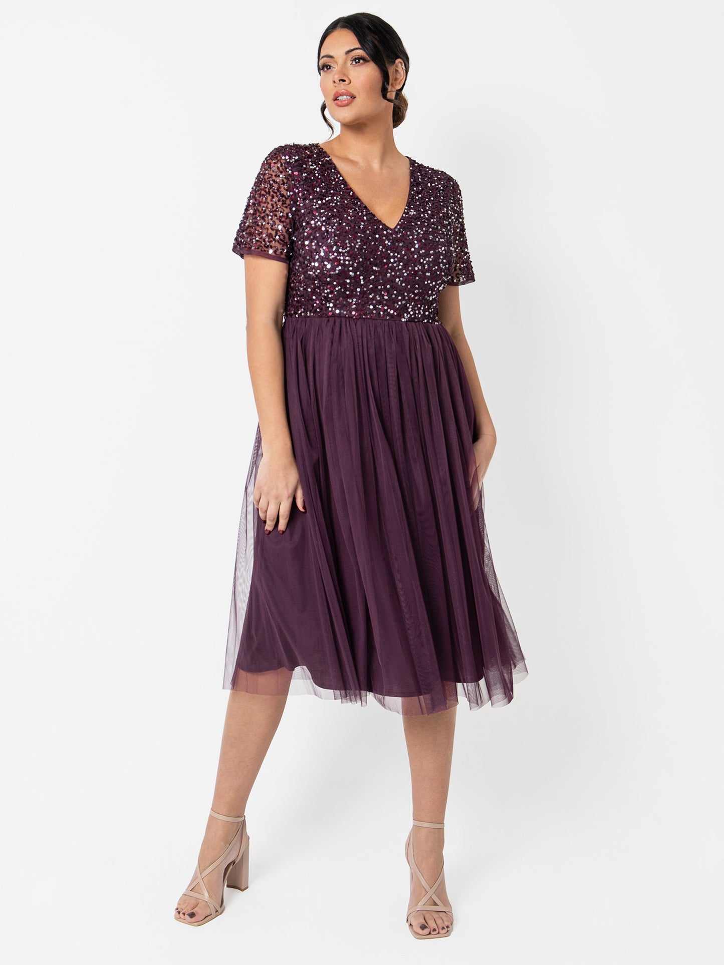 Maya Berry V Neckline Embellished Midi Dress