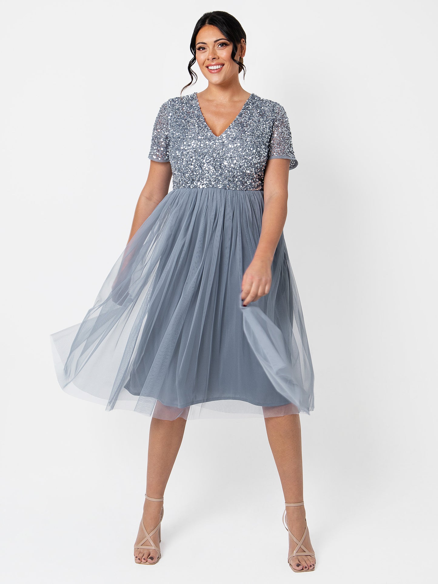 Maya Dusty Blue V Neckline Embellished Midi Dress