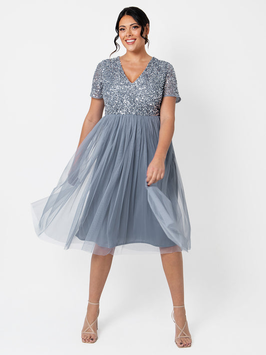 Maya Dusty Blue V Neckline Embellished Midi Dress