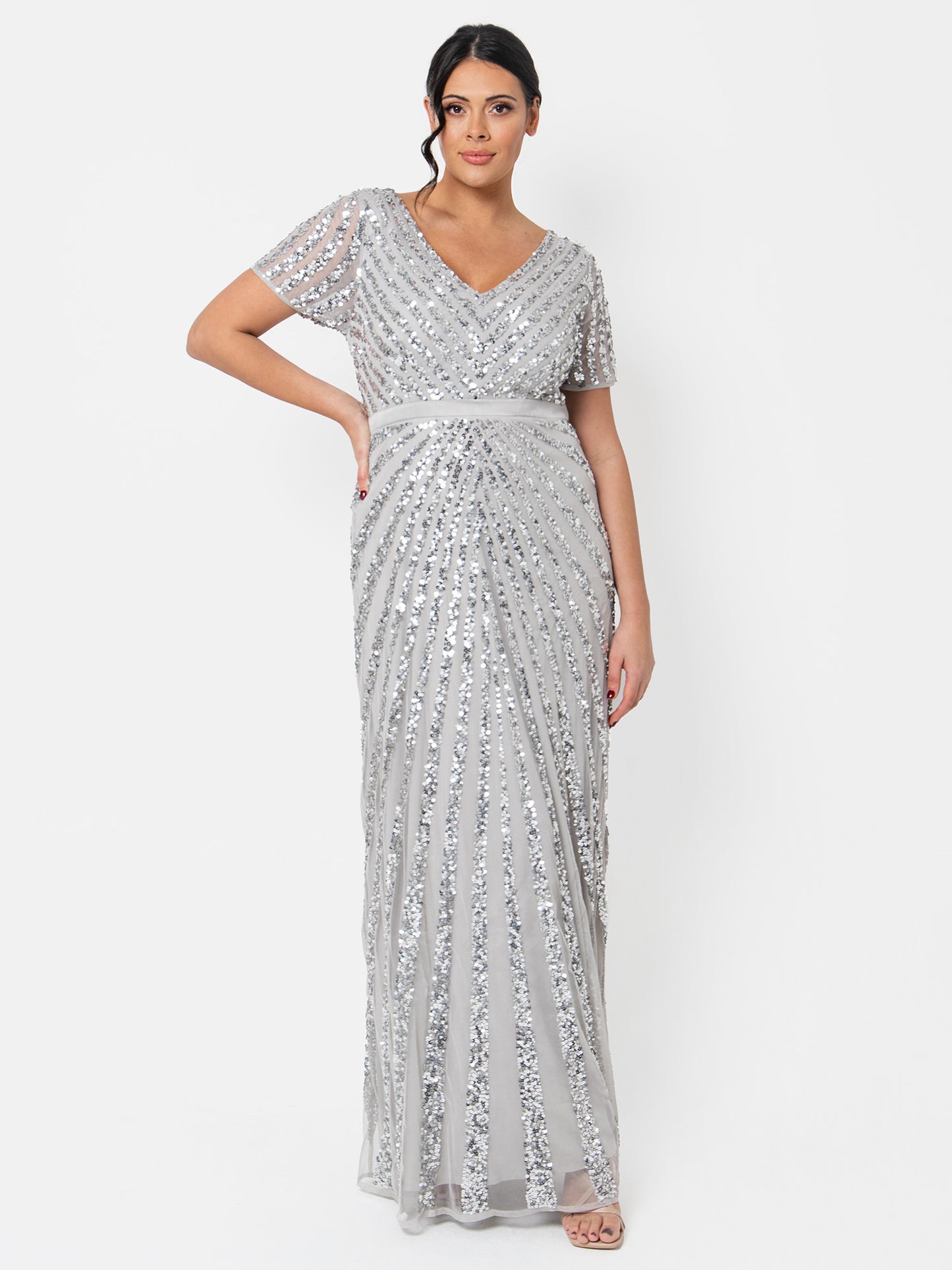 Maya Soft Grey Short Sleeve Stripe Embellished Maxi Dress