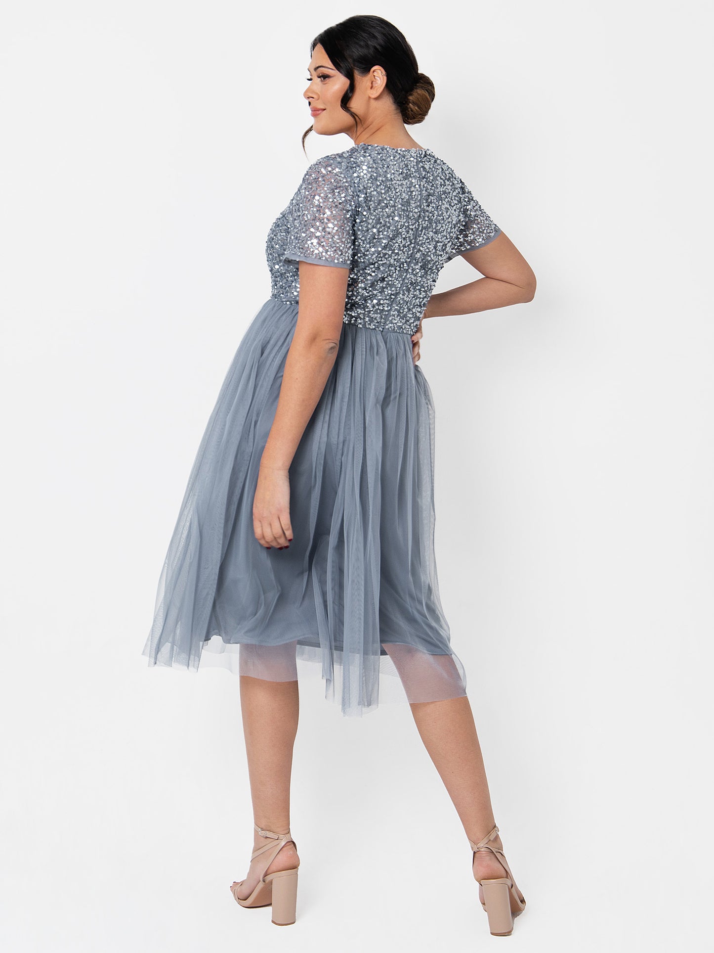 Maya Dusty Blue V Neckline Embellished Midi Dress