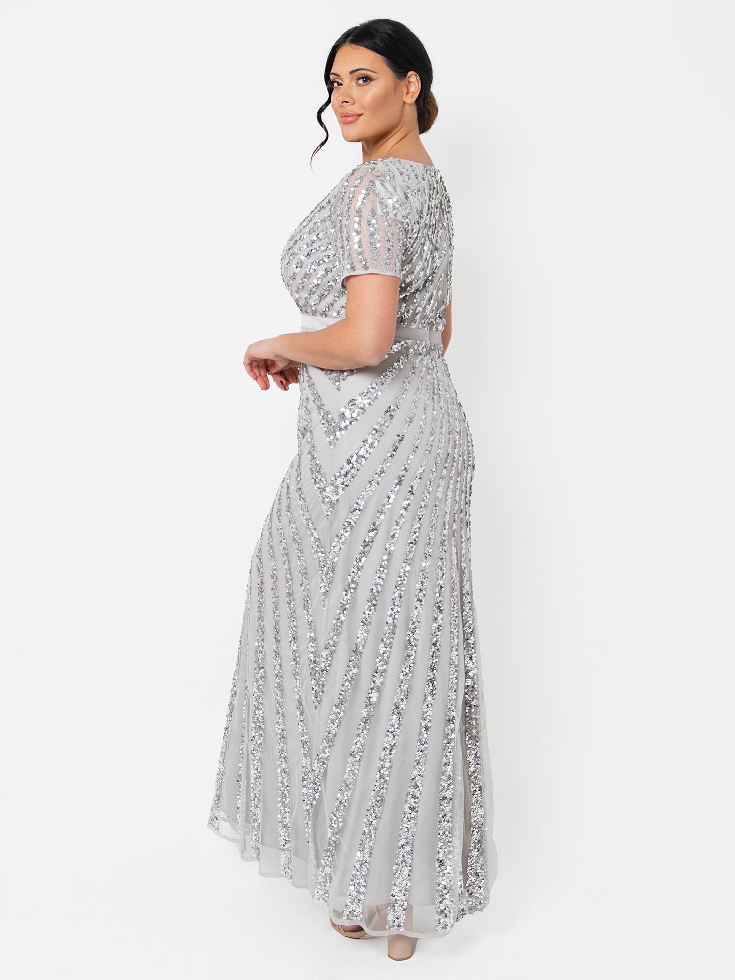 Maya Soft Grey Short Sleeve Stripe Embellished Maxi Dress