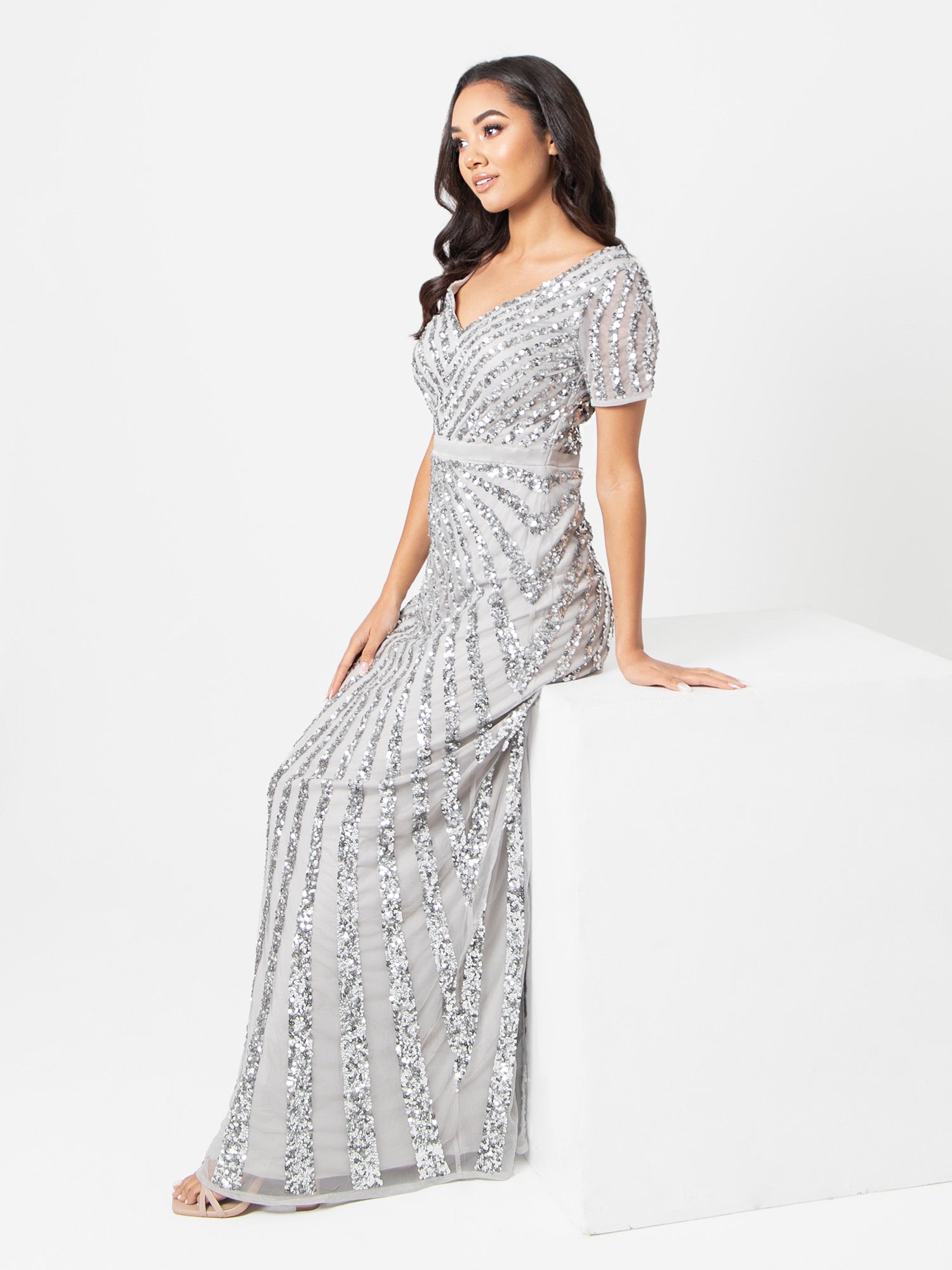 Maya Soft Grey Short Sleeve Stripe Embellished Maxi Dress Maya Deluxe Maya Soft Grey Short Sleeve Stripe Embellished Maxi Dress Maya Deluxe