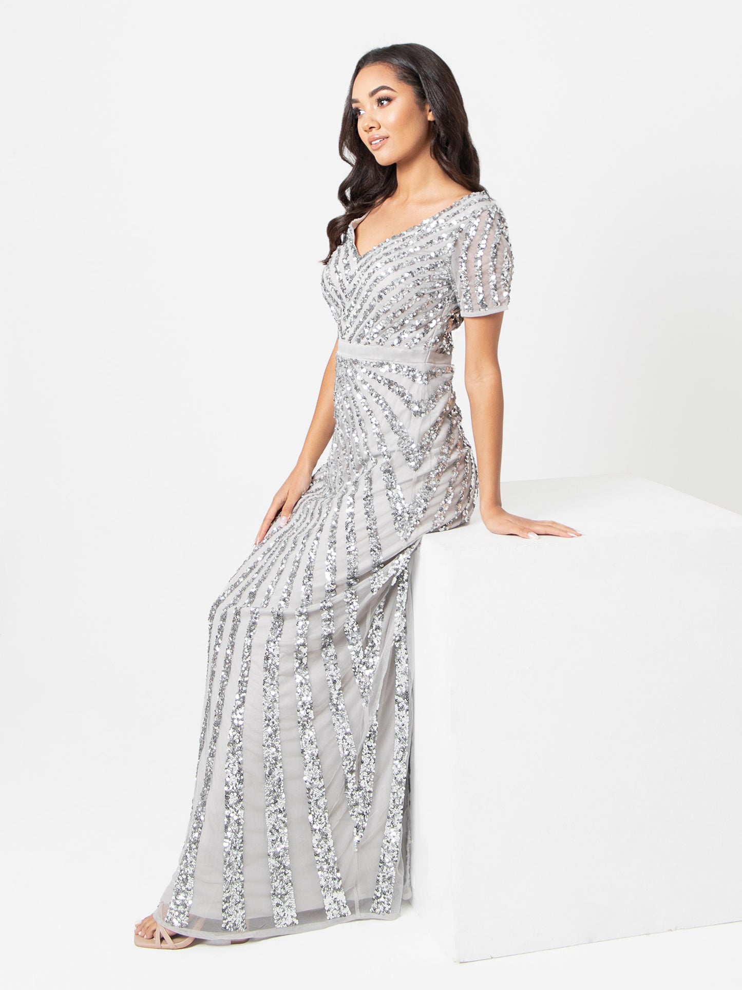 Maya Soft Grey Short Sleeve Stripe Embellished Maxi Dress
