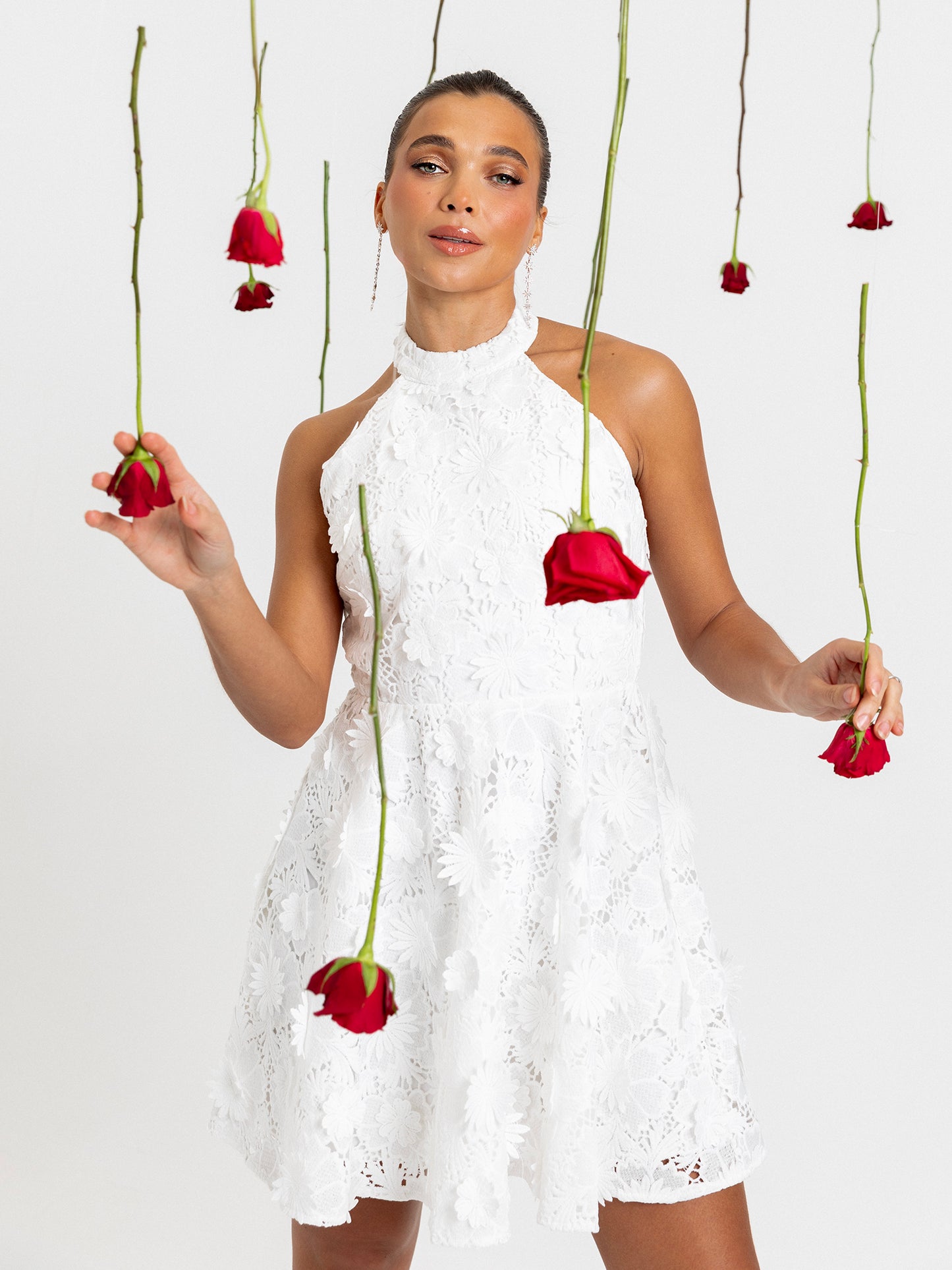 Maya White Halter Neck & Open Back Floral Lace Mini Dress