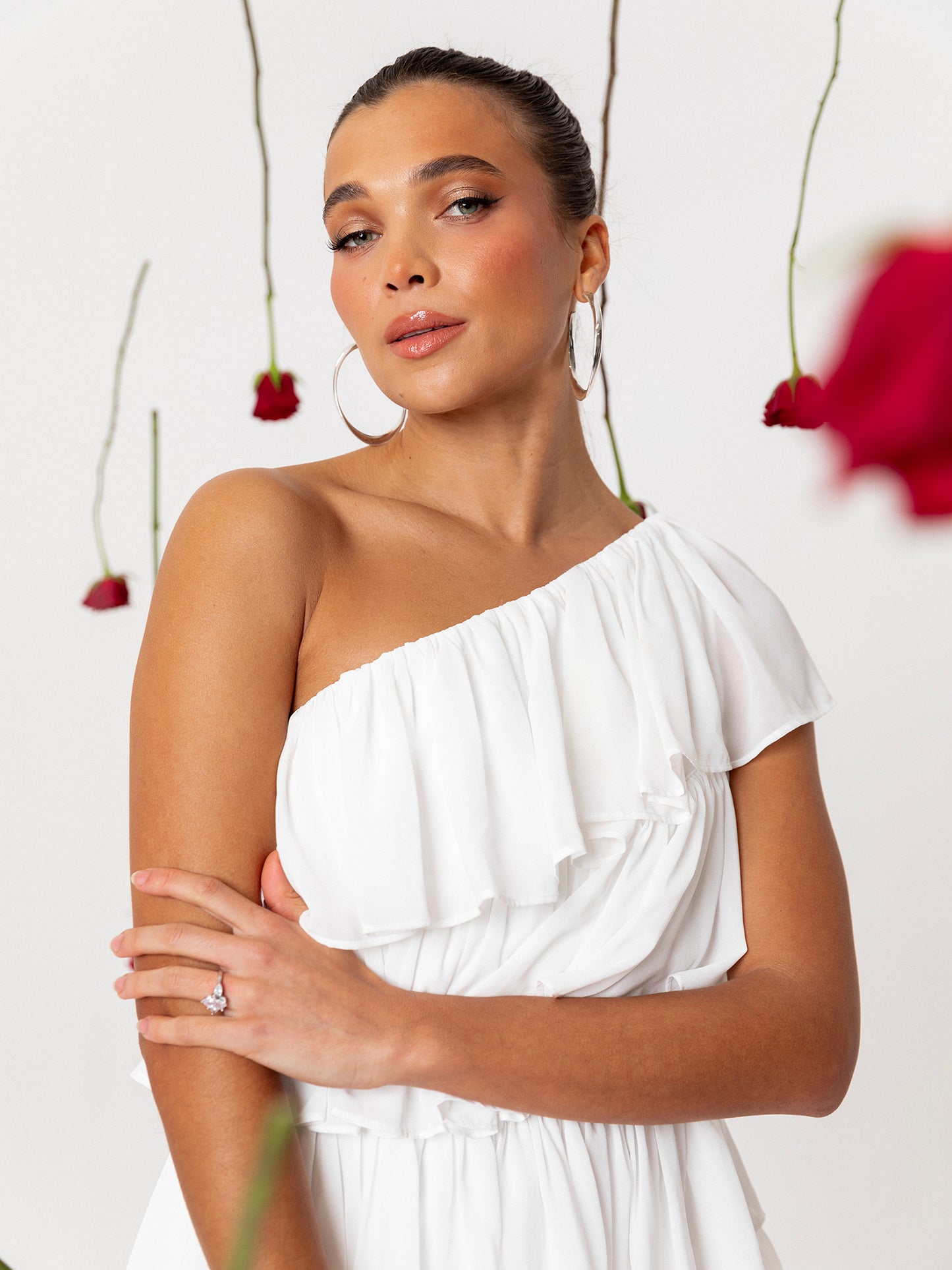 Anaya With Love Recycled White One Shoulder Tiered Mini Dress