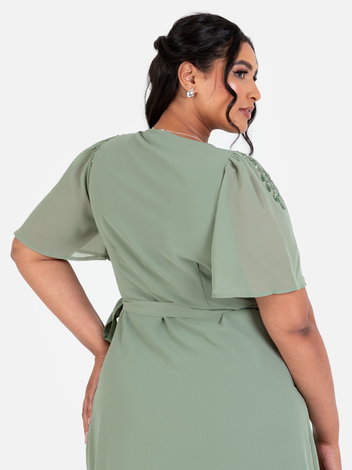 Maya Dark Sage Embellished Short Sleeve Chiffon Wrap Maxi Dress Maya Deluxe Maya Dark Sage Embellished Short Sleeve Chiffon Wrap Maxi Dress Maya Deluxe