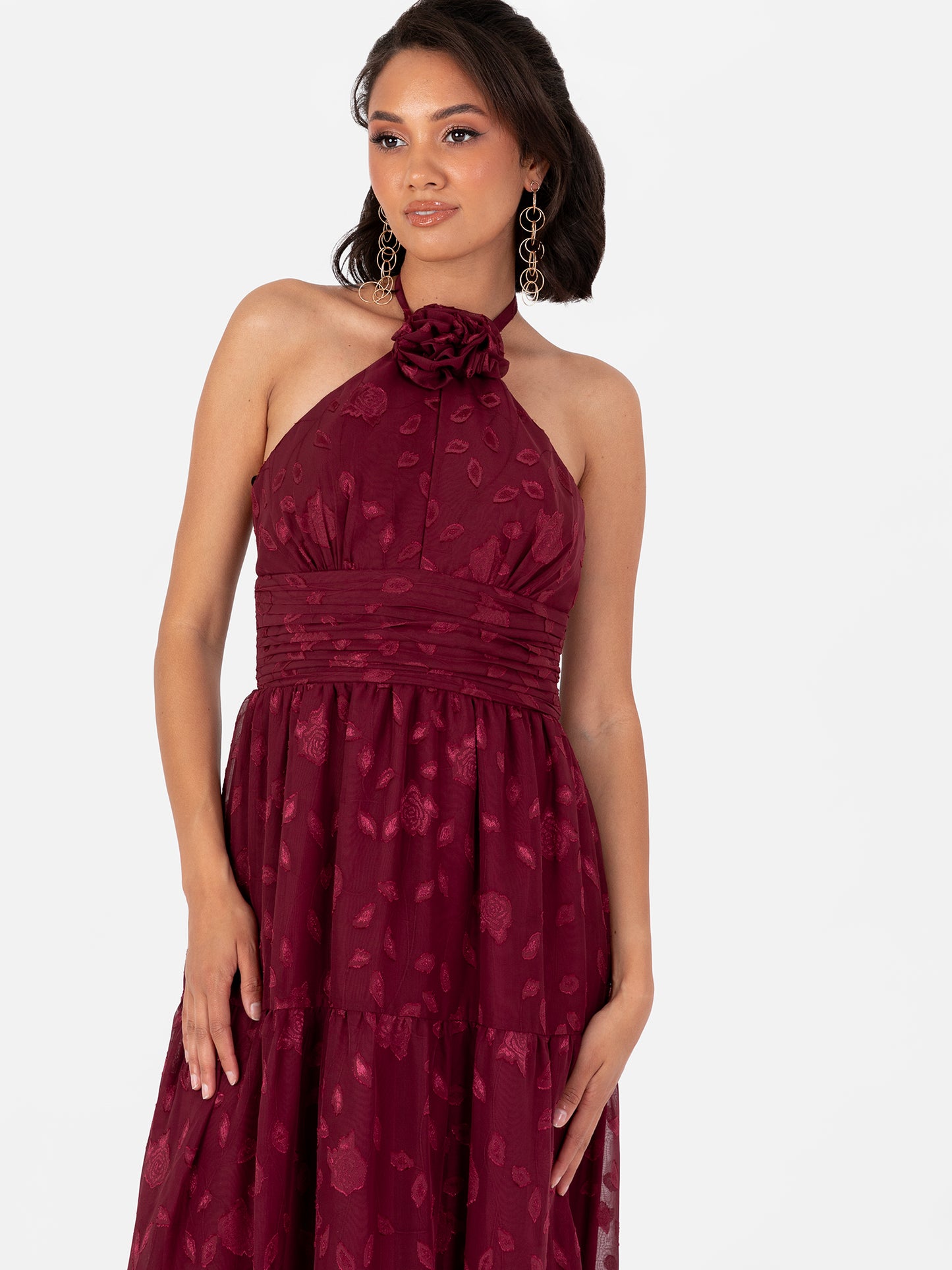 Maya Burgundy Corsage Halter Floral Maxi Dress