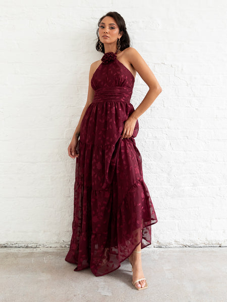 Maya Burgundy Corsage Halter Floral Maxi Dress – Maya Deluxe