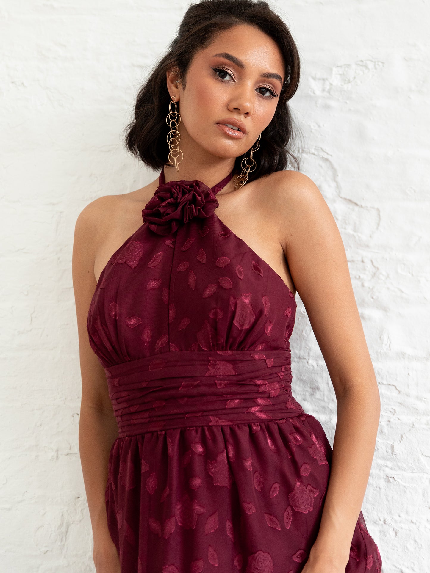 Maya Burgundy Corsage Halter Floral Maxi Dress