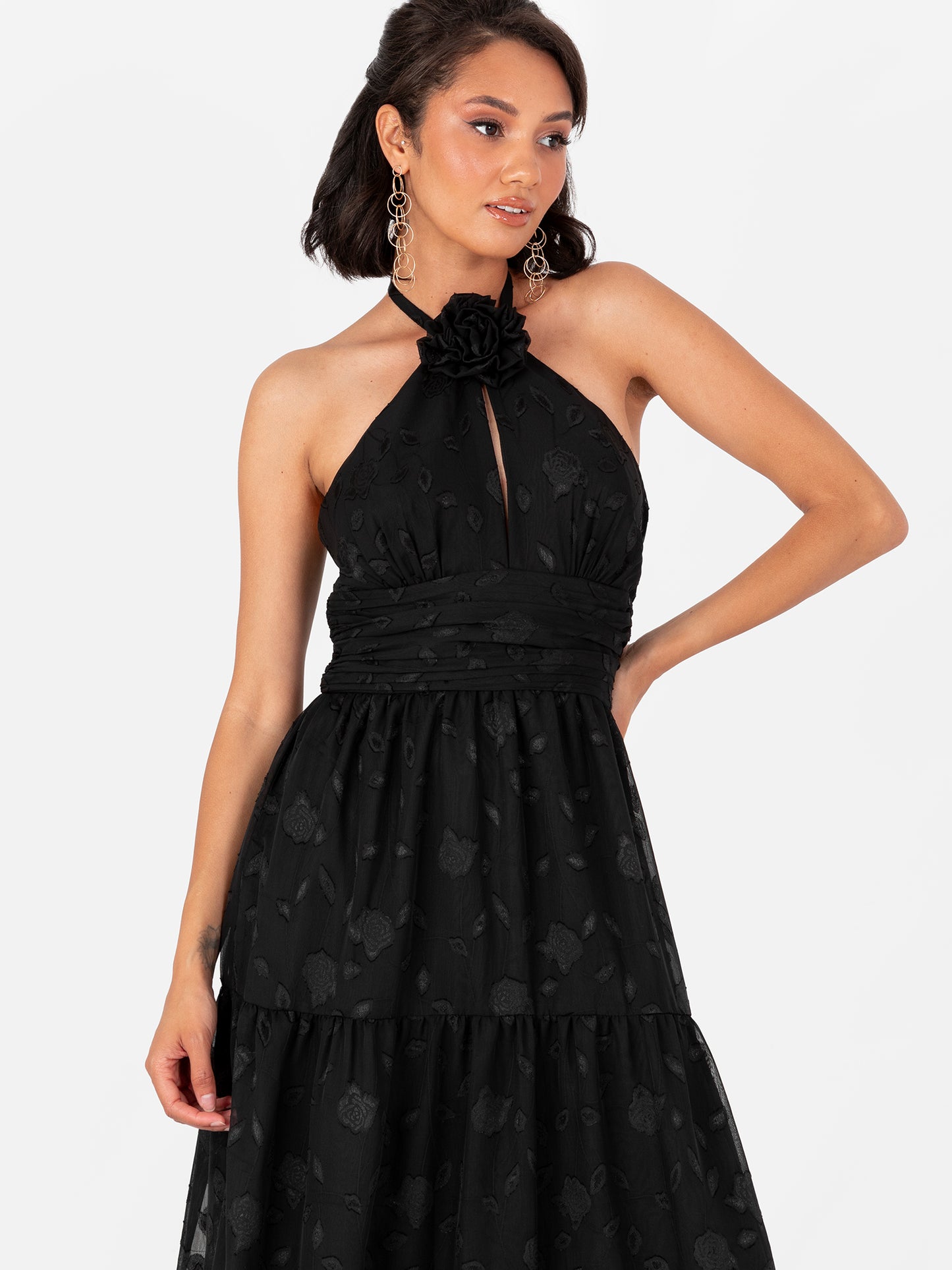 Maya Black Corsage Halter Floral Maxi Dress