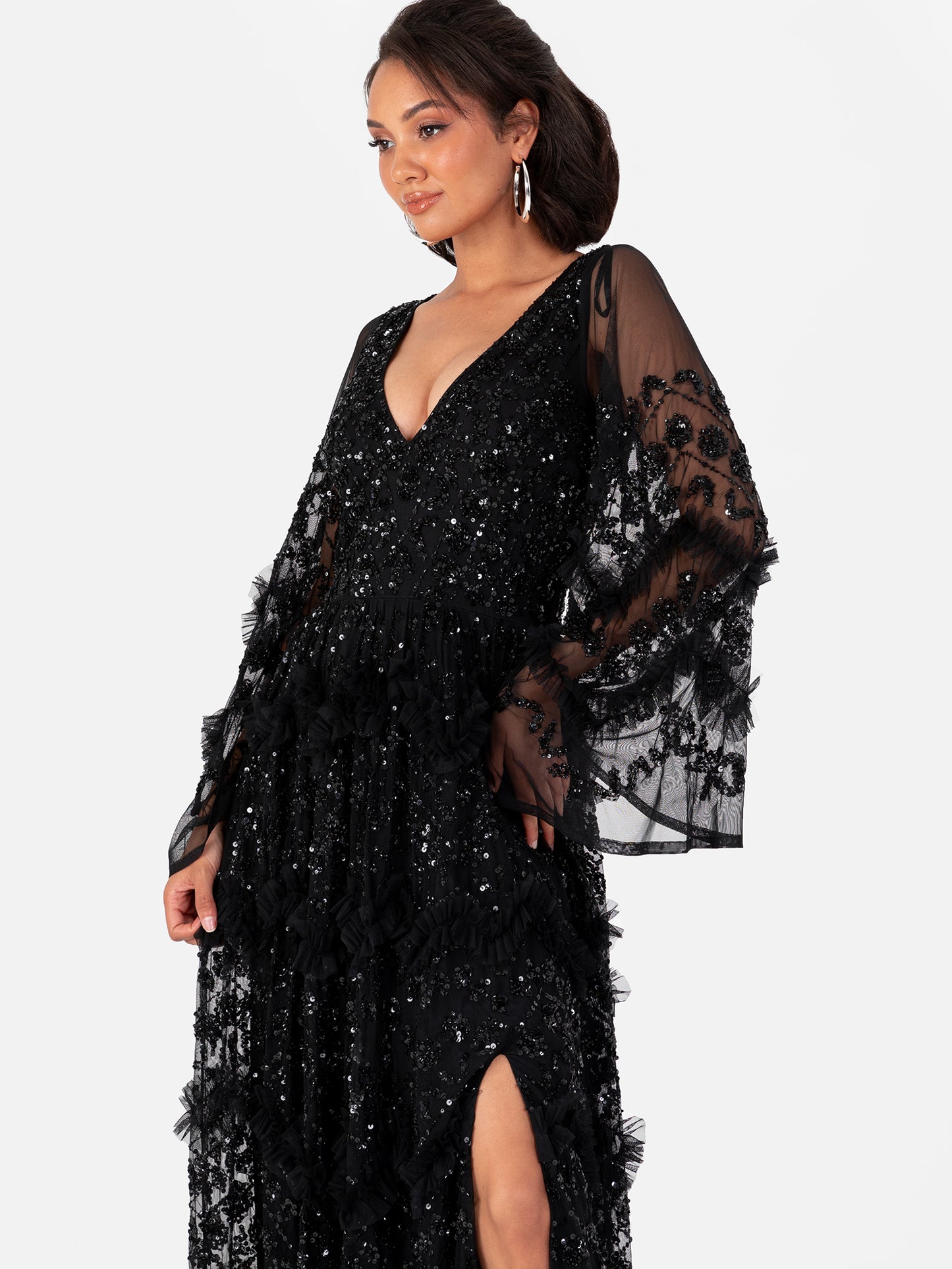 Maya Black Fully Embellished Maxi Dress with Frill Detail