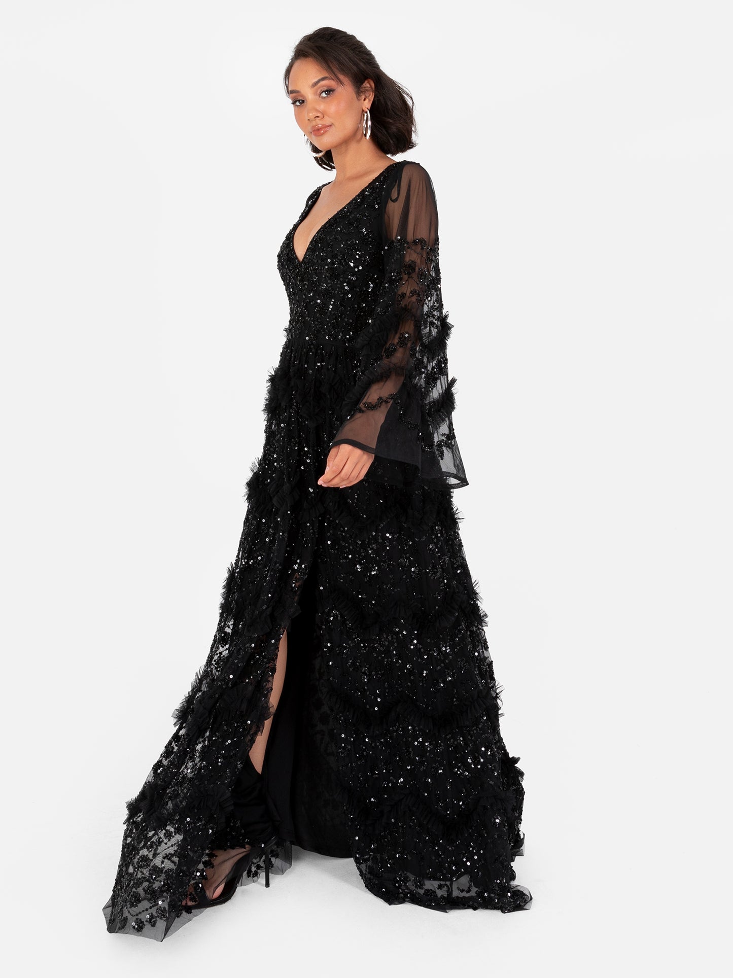 Maya Black Fully Embellished Maxi Dress with Frill Detail