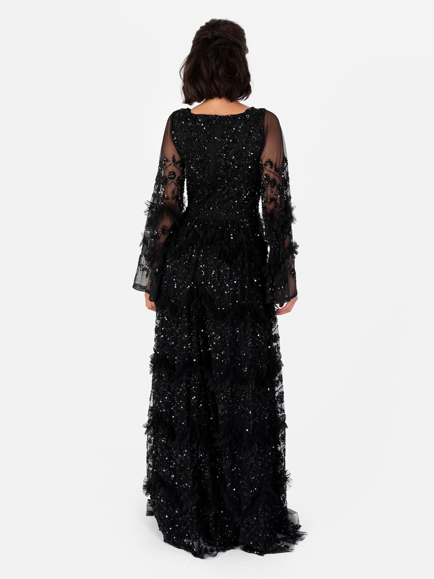 Maya Black Fully Embellished Maxi Dress with Frill Detail