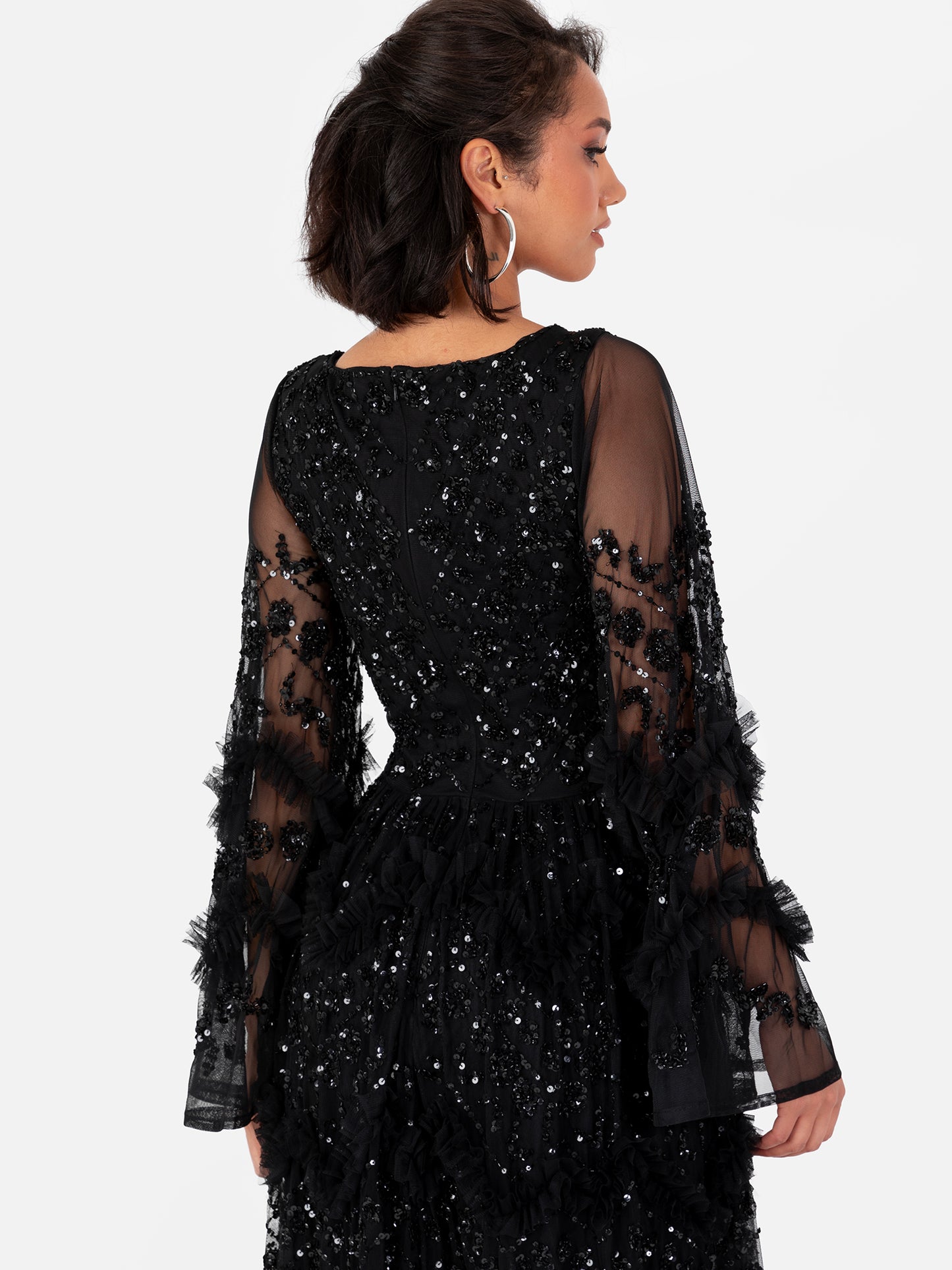 Maya Black Fully Embellished Maxi Dress with Frill Detail