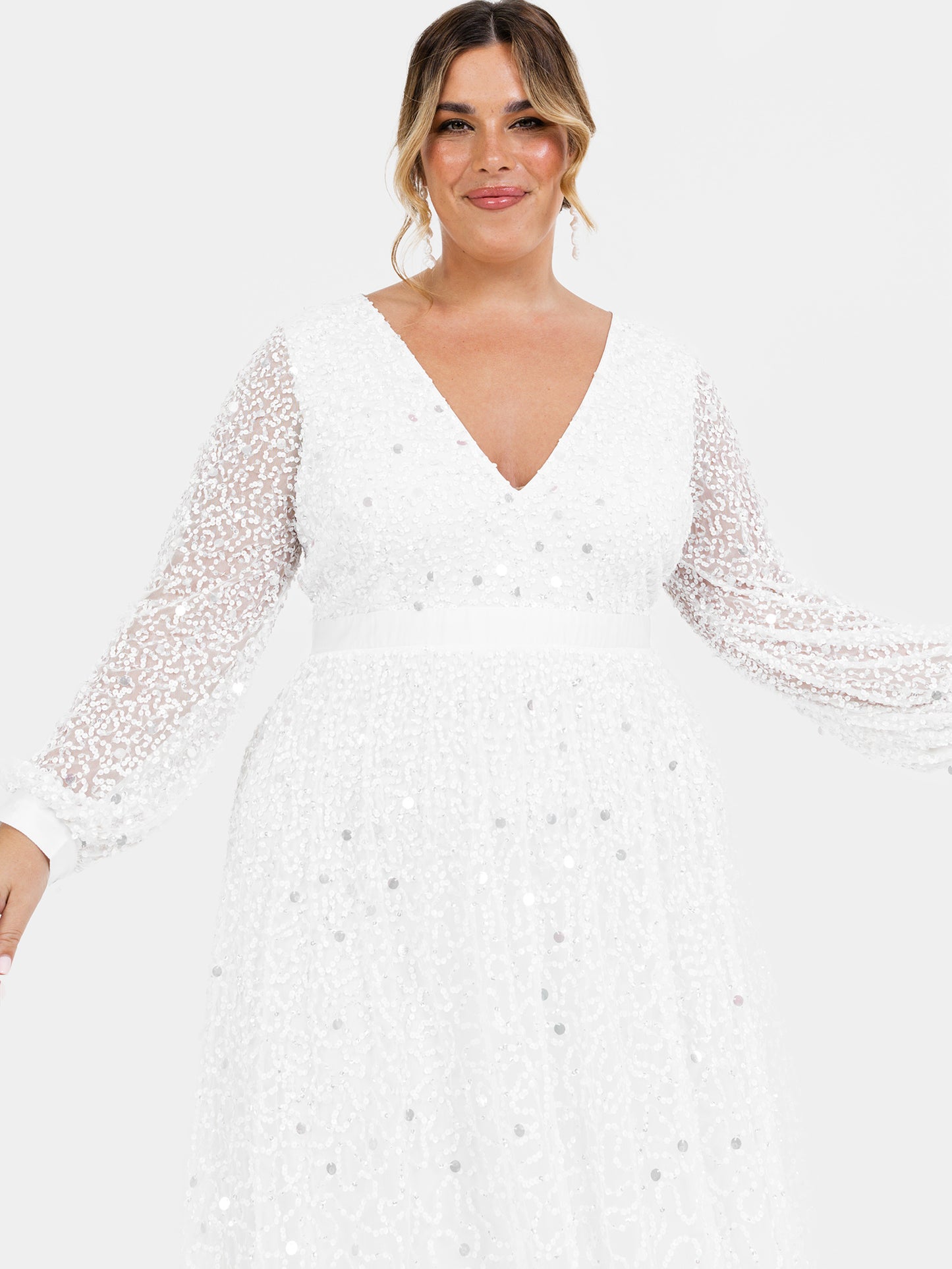 Maya Bridal Embellished Long Sleeve V Neck Maxi Dress