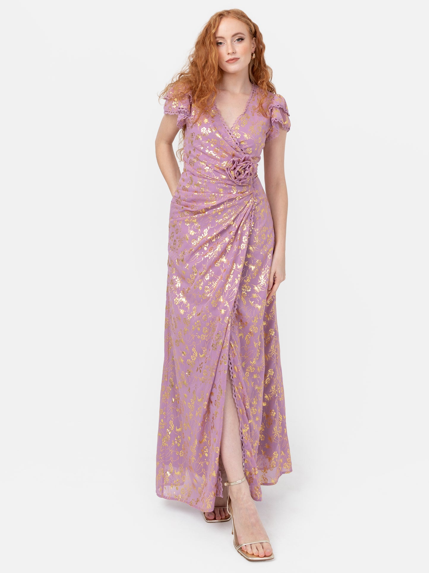 Maya Faux Wrap Maxi Dress with Gold Foil and Corsage Detail