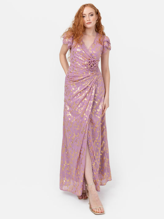 Maya Faux Wrap Maxi Dress with Gold Foil and Corsage Detail