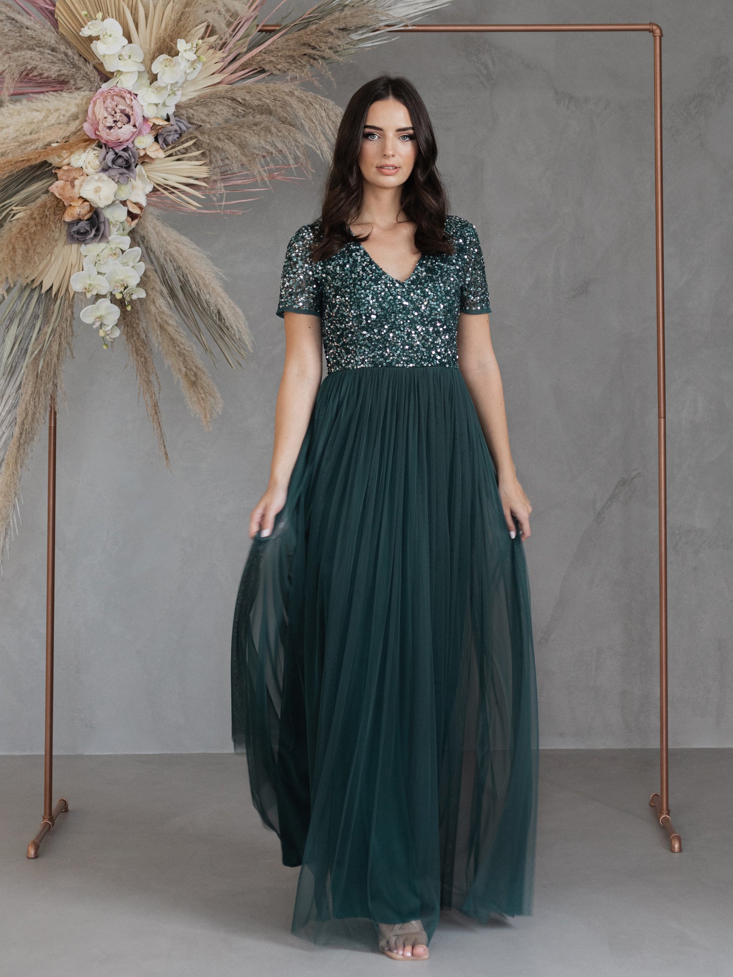 Maya Emerald Green Short Sleeve V Neckline Embellished Maxi Dress