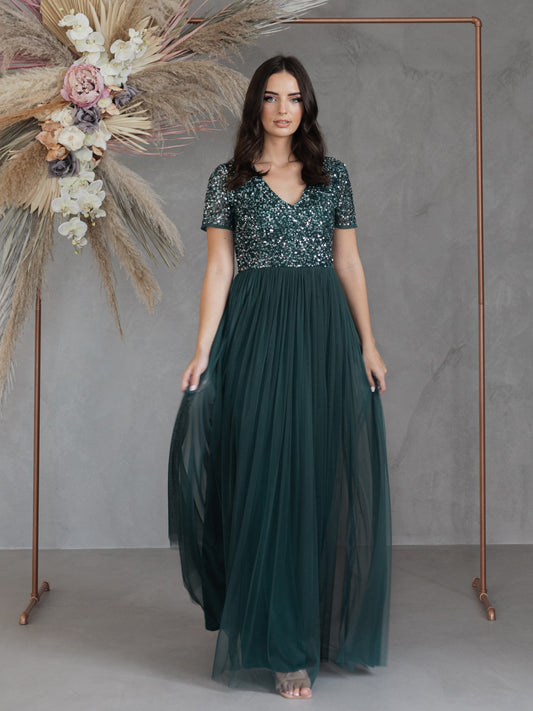Maya Emerald Green Short Sleeve V Neckline Embellished Maxi Dress