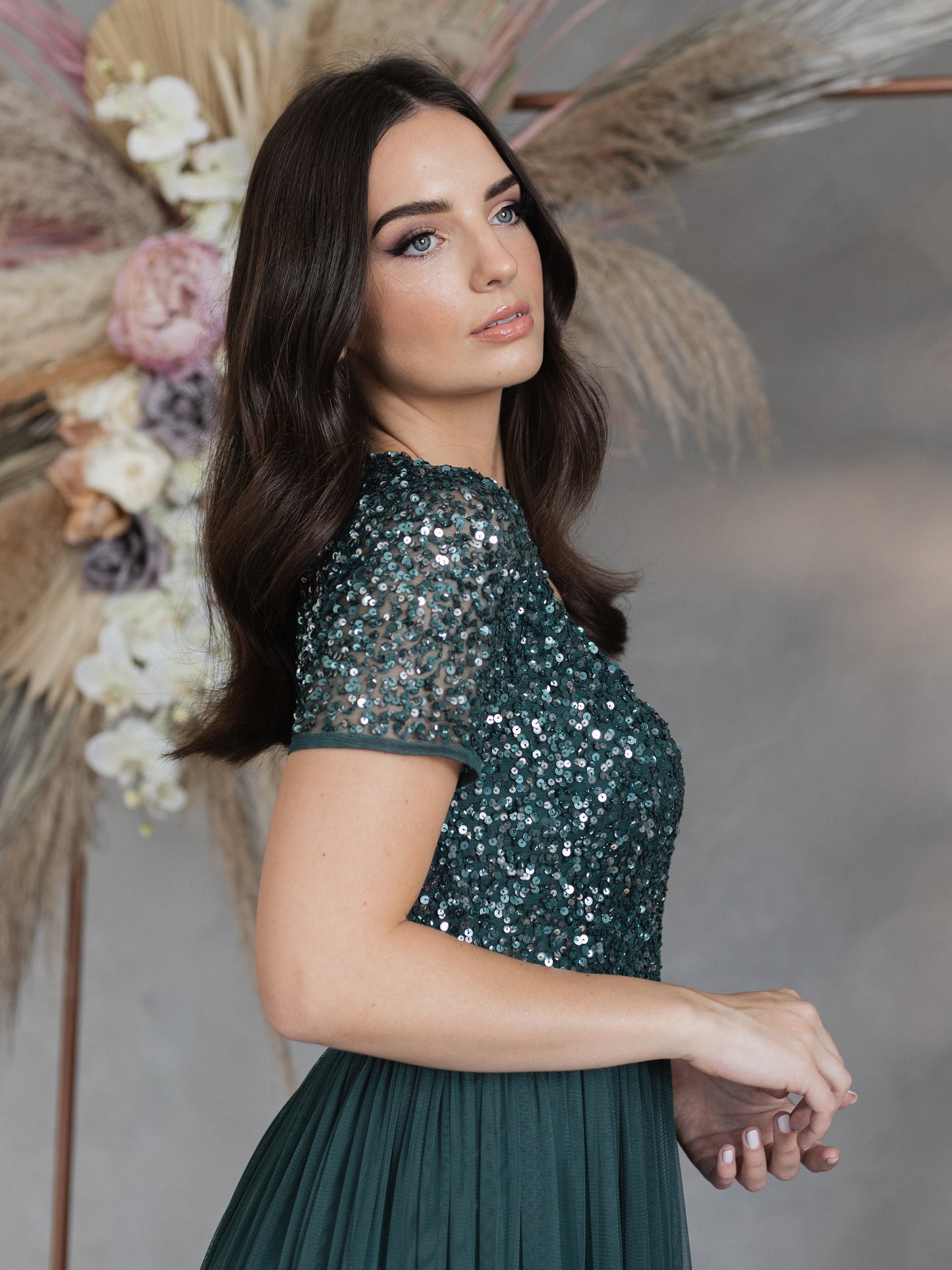 Maya Emerald Green Short Sleeve V Neckline Embellished Maxi Dress