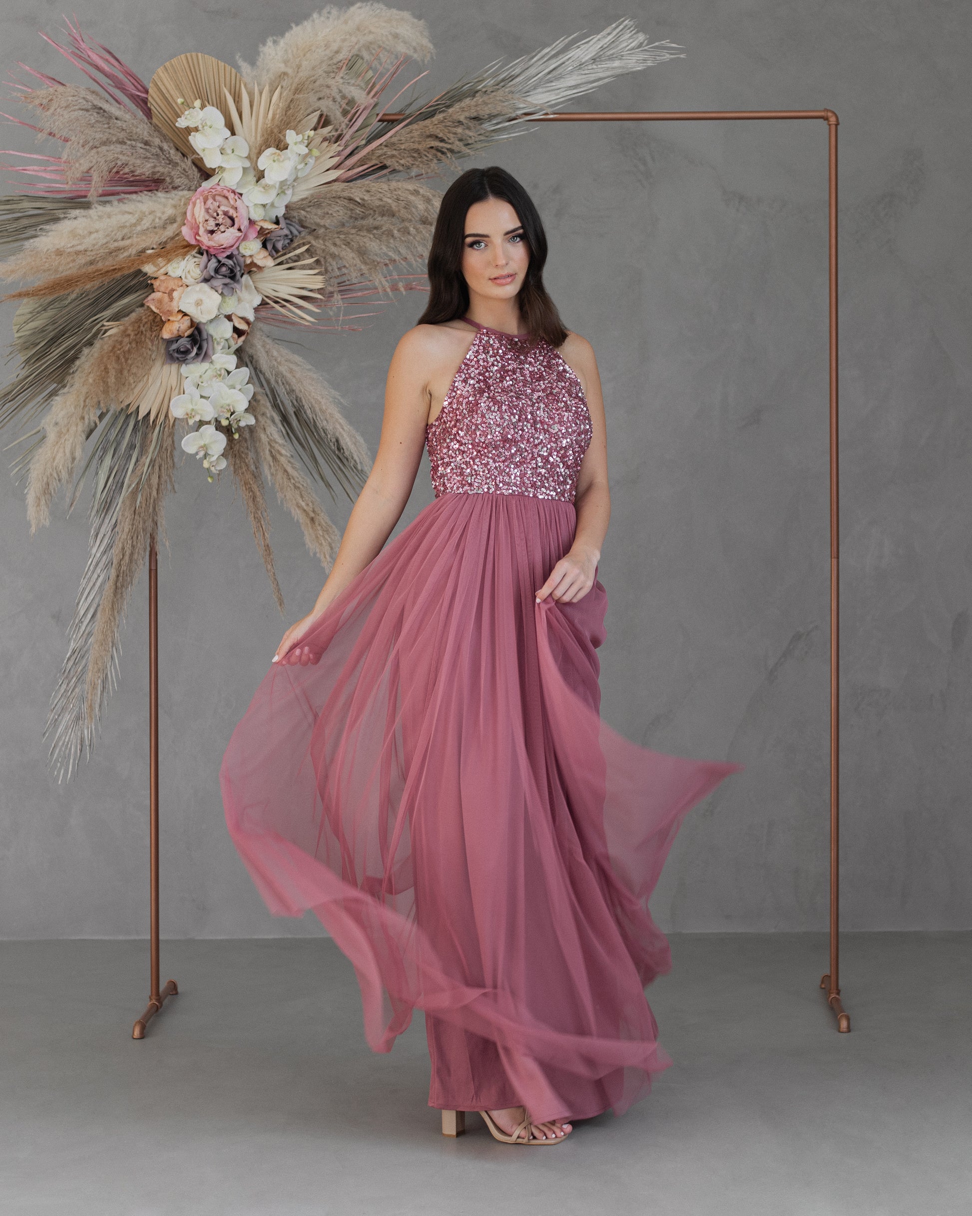 maya halter dress in pink sequin Maya Halter Neck Floral Embellished Maxi Dress, Soft Pink