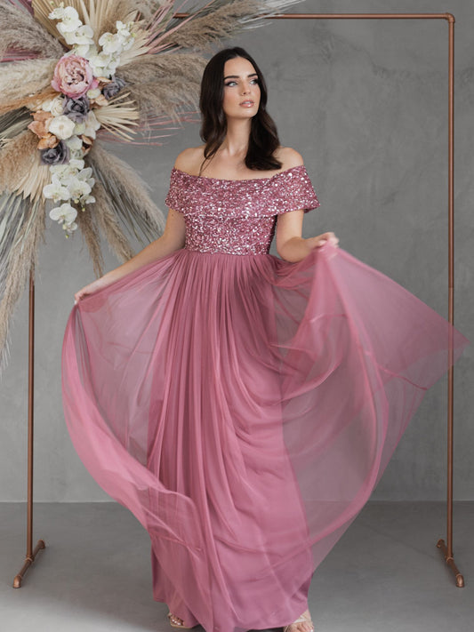 Maya Desert Rose Bardot Embellished Maxi Dress