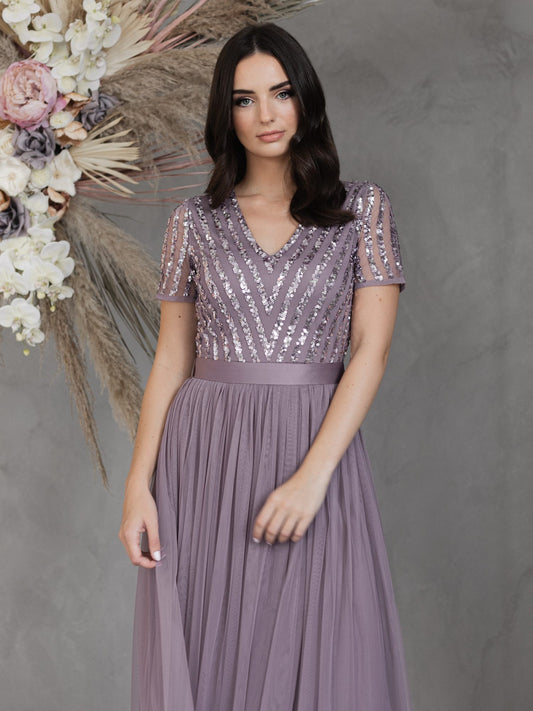 Maya Moody Lilac Stripe Embellished Maxi Dress With Sash Belt