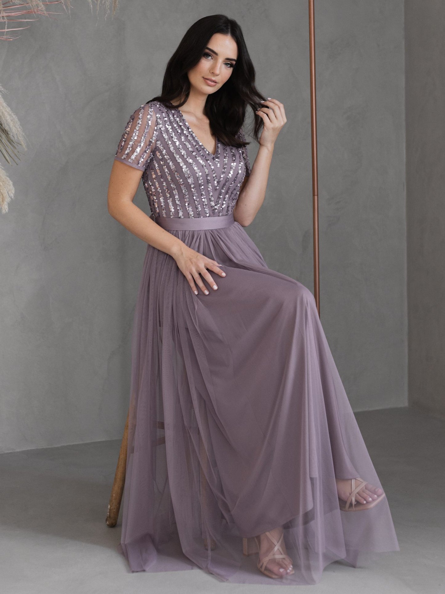 Maya Moody Lilac Stripe Embellished Maxi Dress With Sash Belt