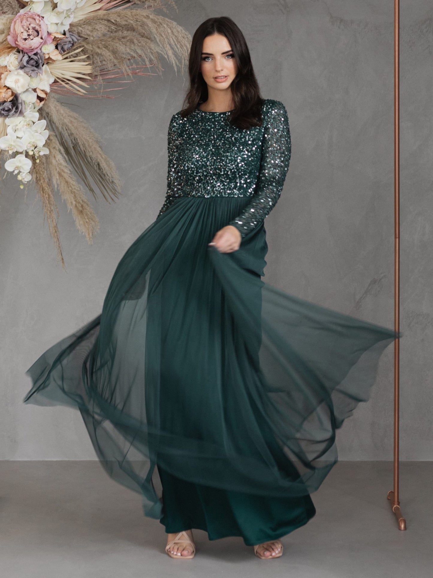Maya Emerald Green Embellished Long Sleeve Maxi Dress