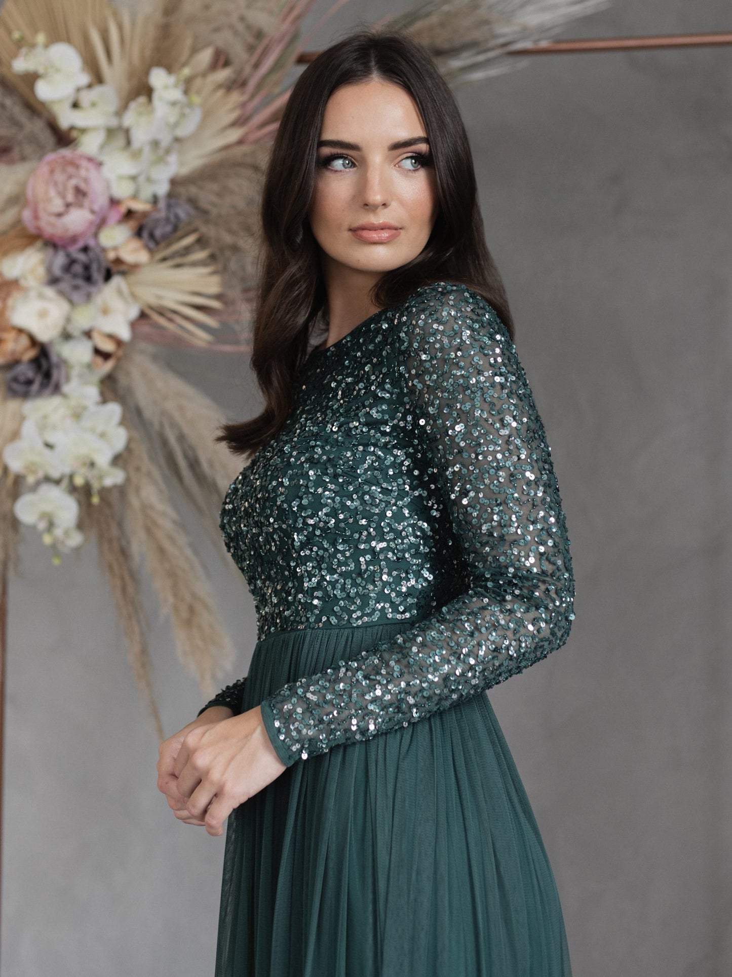 Maya Emerald Green Embellished Long Sleeve Maxi Dress