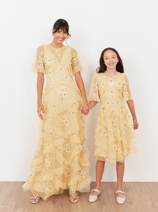 Mini Maya Buttercream Embellished Ruffle Midi Dress