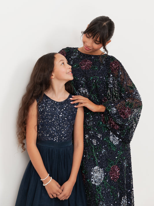 Mini Maya Navy Delicate Sequin Midi Dress With Bow