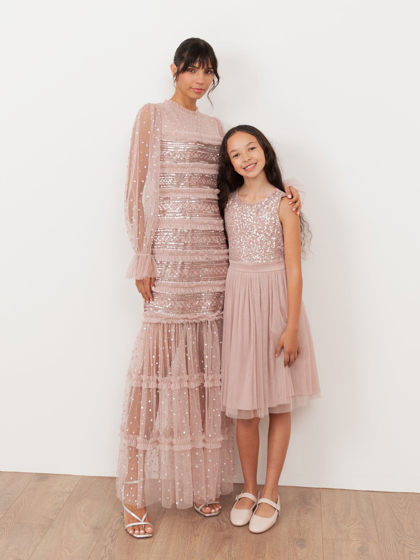 Mini Maya Frosted Pink Delicate Sequin Midi Dress with Bow