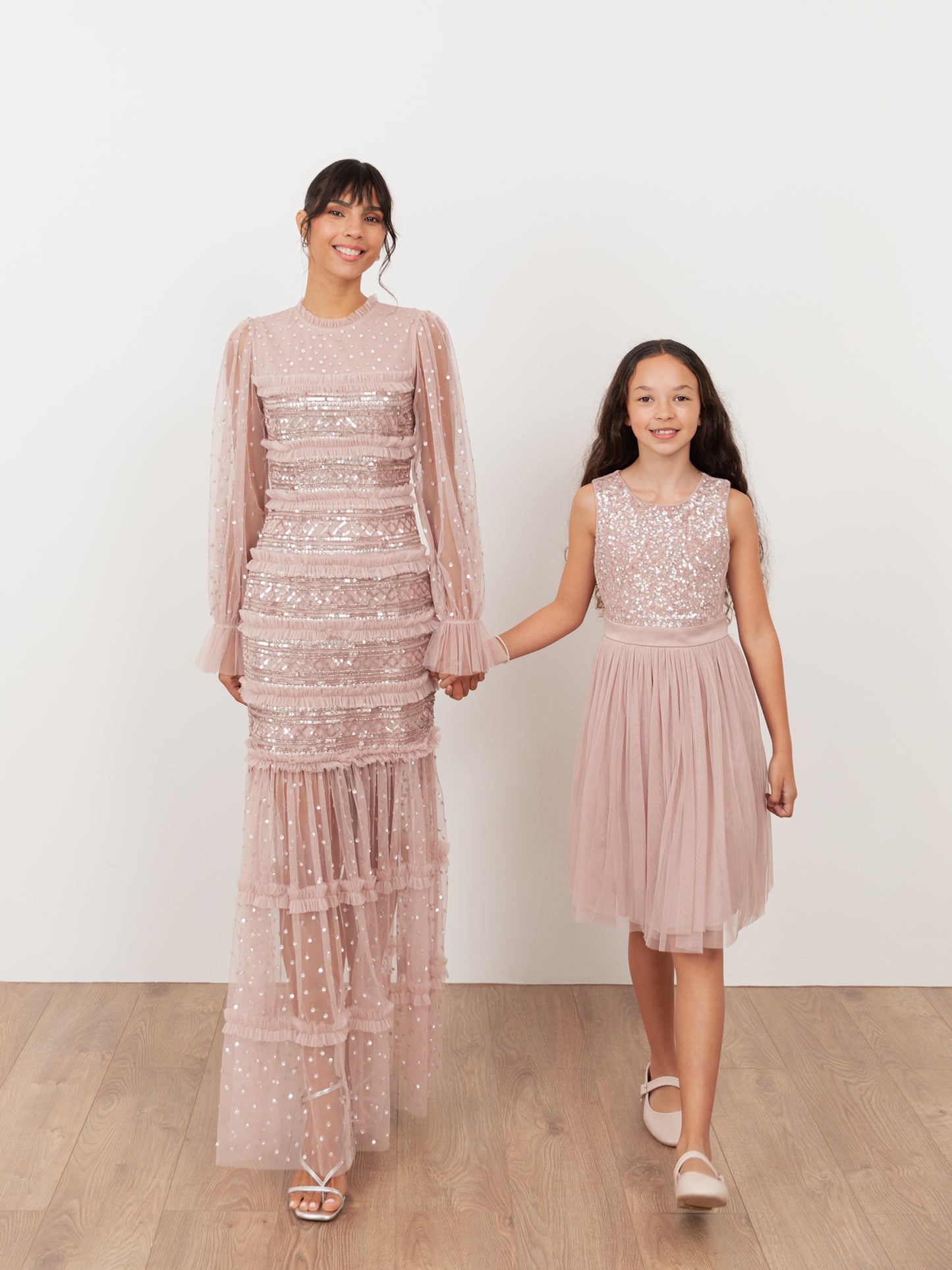 Maya Frosted Pink Sequin & Frill Maxi Sleeve Tulle Maxi Dress