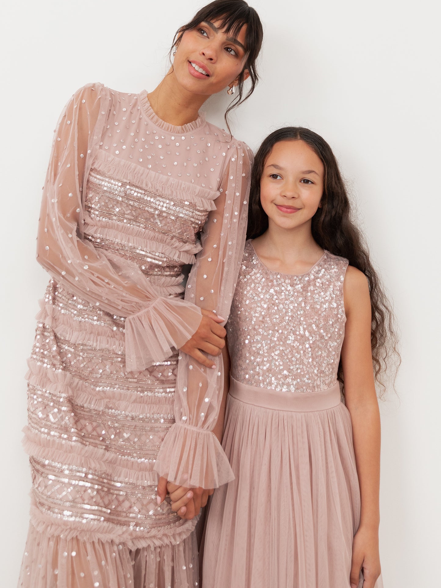 Maya Frosted Pink Sequin & Frill Maxi Sleeve Tulle Maxi Dress